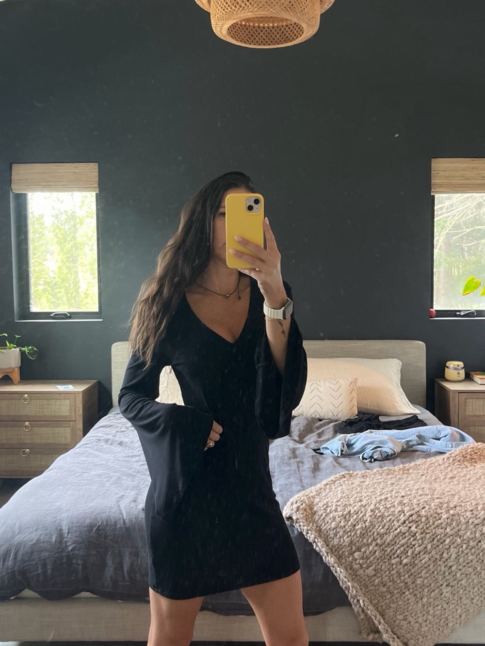 Chaser Black Bell Long-Sleeve V-Neck Mini Dress